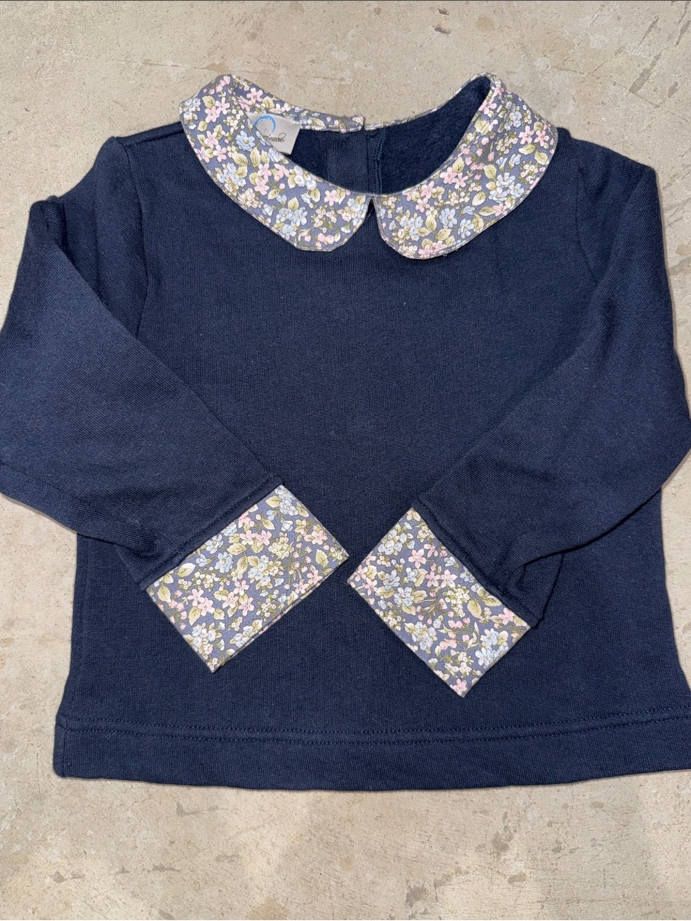 Girls Navy Long-Sleeve Top with Floral Peter Pan Collar